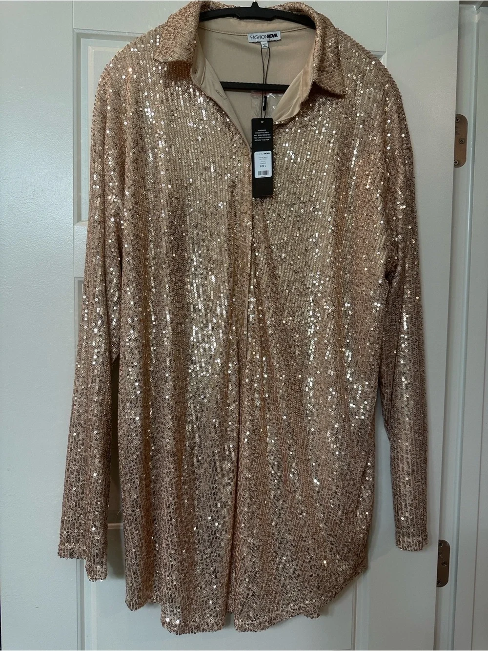 Fashion Nova Rose Gold Sequin Shirt Dress - Picture 2 of 3